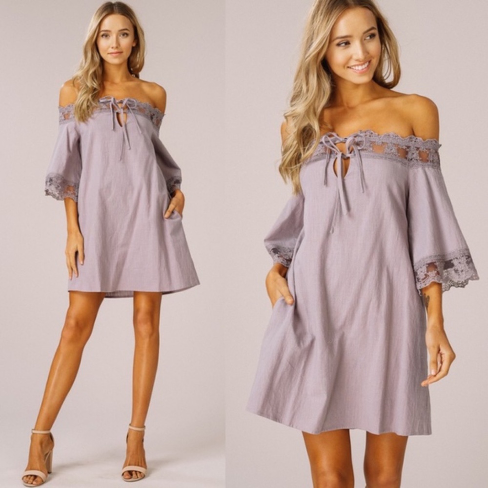 022 Boho Floral Lace Pocket Off Shoulder Mini Dress